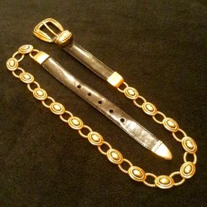 BRIGHTON ♡ Gorgeous Vintage Gold Oval Twist Linked Black Genuine Leather Belt M